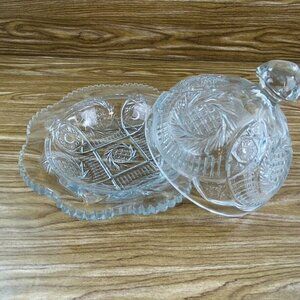 Vintage Pressed Domed Glass Butter Dish Round Clear Aztec Sunburst